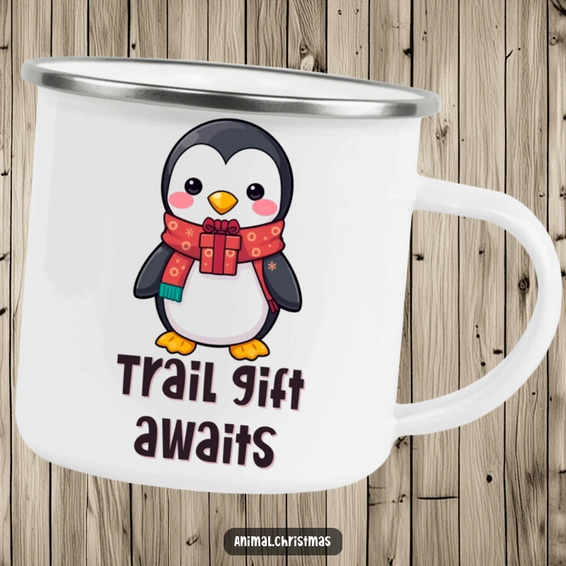 Funny camping mug with a penguin in a festive scarf, holding a gift, suitable for outdoor use and holiday cheer.