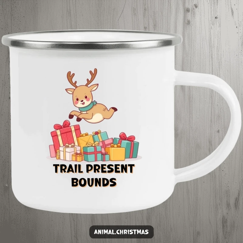 Funny camping mug featuring a cute reindeer joyfully leaping over a pile of Christmas presents, perfect for enjoying beverages outdoors.