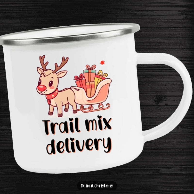 Funny camping mug featuring a happy reindeer pulling a small sleigh overloaded with presents, ideal for outdoor holiday enjoyment.
