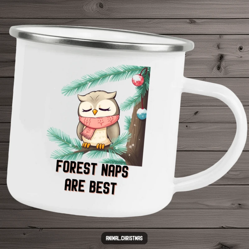 Funny Christmas camping mug featuring a sleepy owl wearing a knitted scarf, nodding off inside a frosted pine tree.
