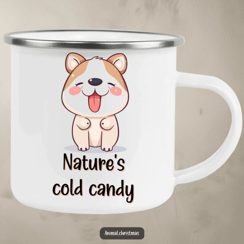 Funny Camping Mug: An animal joyfully catches snowflakes on its tongue, bringing whimsical winter charm.