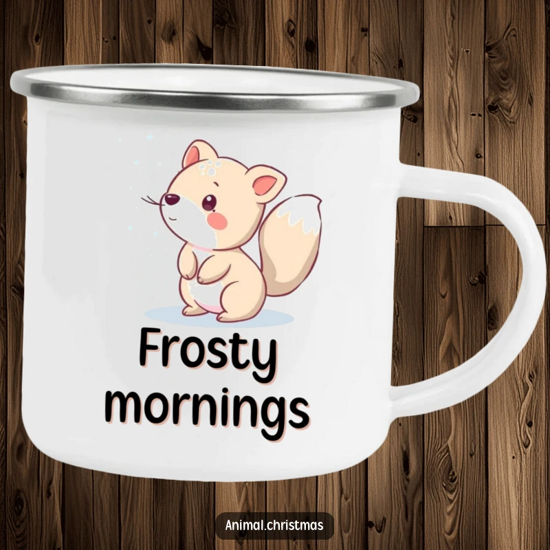 Funny camping mug featuring an animal playfully sprinkling sparkling snow, designed for outdoor enjoyment and winter magic.