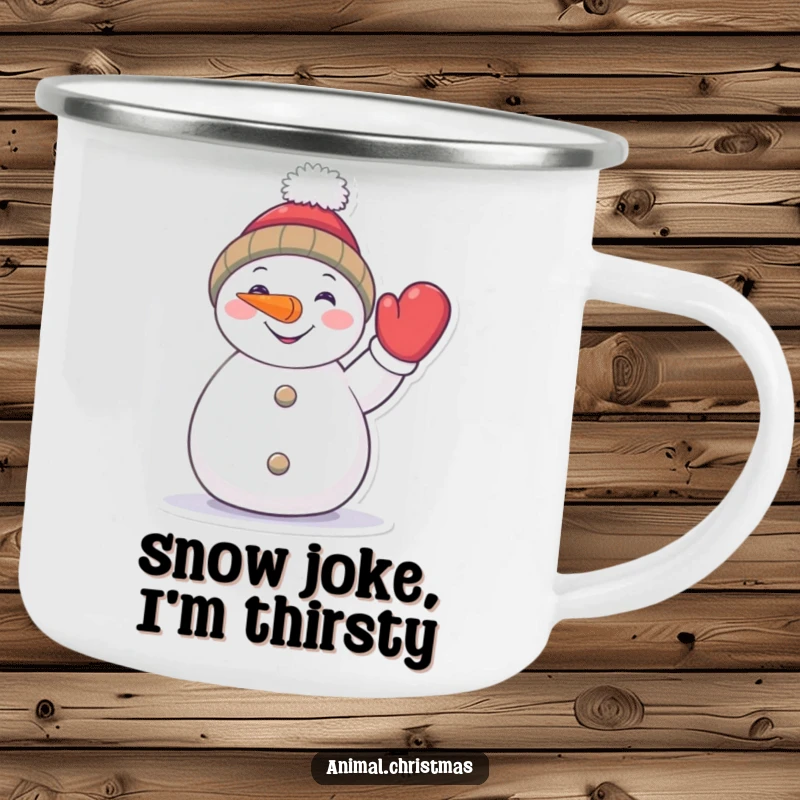 Funny snowman camping mug, a cheerful character with a carrot nose waving a mitten, durable outdoor drinkware.