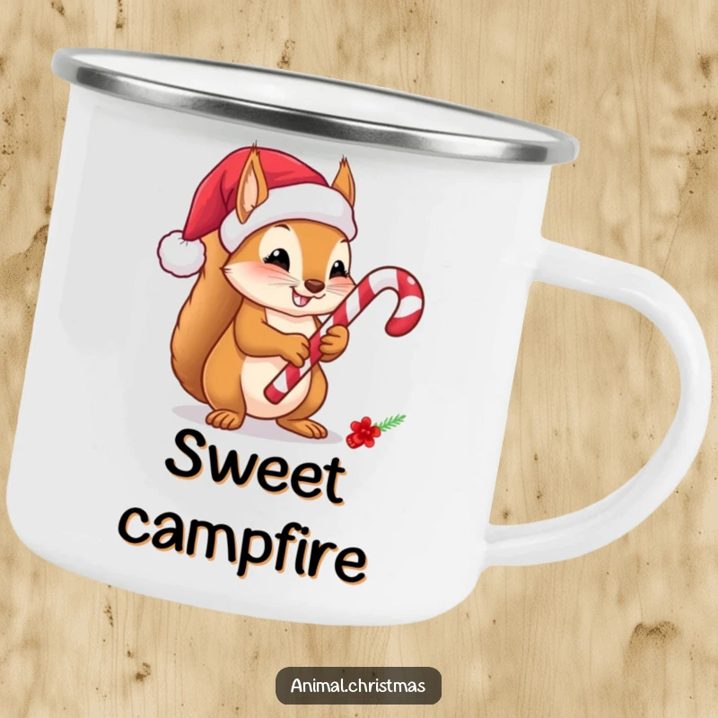 Funny Squirrel Candy Cane Camping Mug, a cute squirrel in a Santa hat holding a candy cane, ready for outdoor holidays and festive campfire moments.
