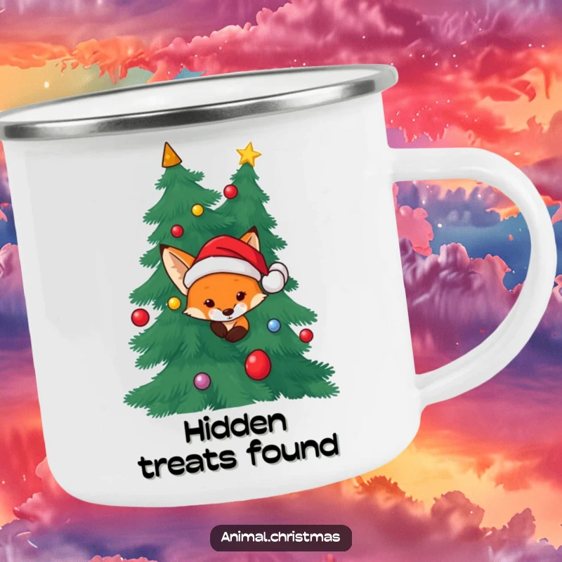 Funny Fox Santa Camping Mug: A fox wearing a Santa hat peeking from behind a Christmas tree, perfect for outdoor fun.
