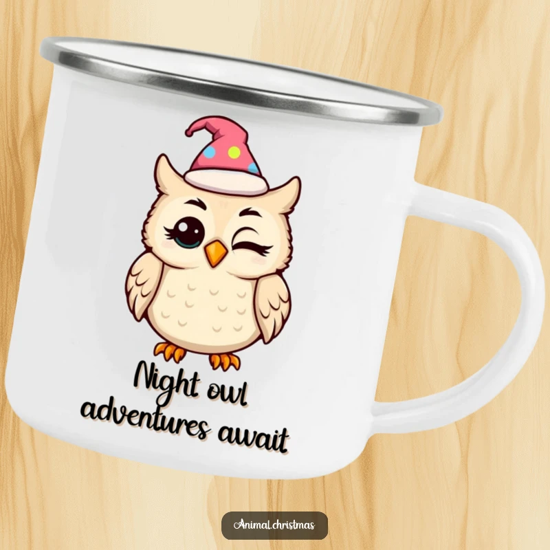 Funny kawaii owl in a festive hat blinking with amusement, a sturdy camping mug for outdoor adventures.