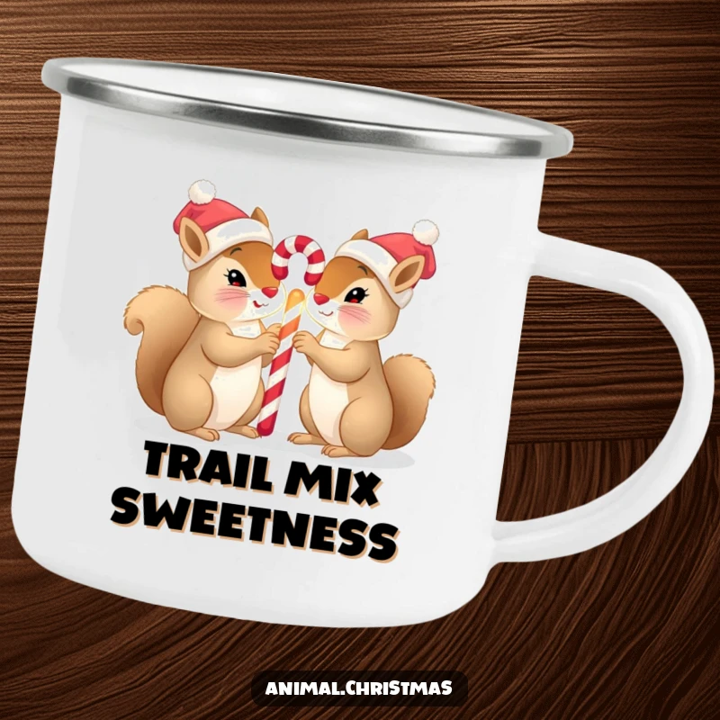 Funny squirrel Christmas camping mug with two squirrels in tiny hats sharing a glowing candy cane, built for outdoor enjoyment.