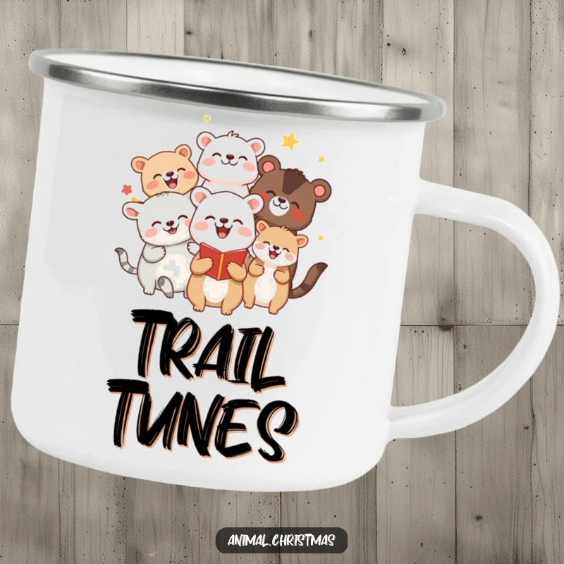 Funny camping mug featuring a group of animals joyfully caroling, designed for outdoor enjoyment and spreading musical cheer.