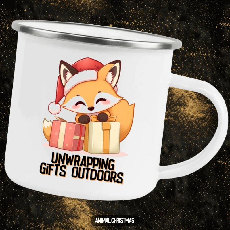 Funny Fox Santa Camping Mug, an adorable cartoon fox in a Santa hat opening a Christmas present, ready for outdoor holidays and festive campfire moments.