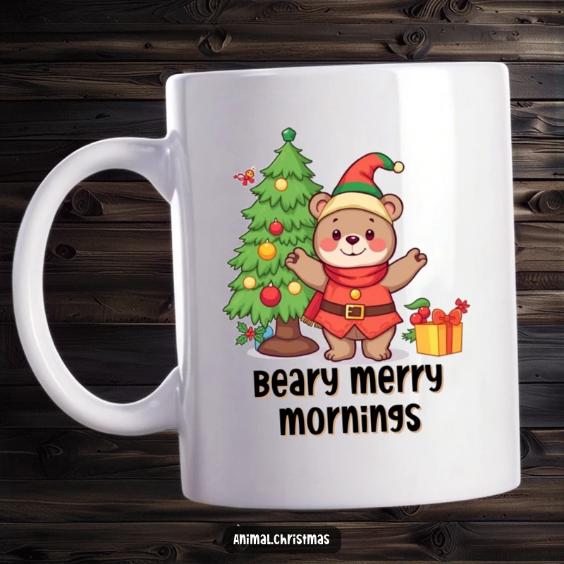 Funny mug featuring a cheerful bear dressed as an elf, happily decorating a Christmas tree with ornaments.