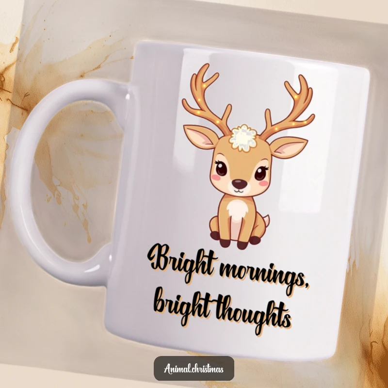 Funny deer mug with antlers adorned with twinkling lights, bringing festive sparkle and woodland charm.