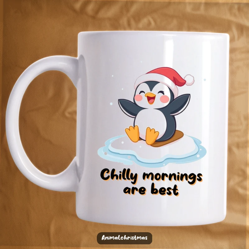 Funny Penguin Santa Hat Mug: A happy penguin wearing a Santa hat, joyfully sliding on ice, spreading winter cheer.