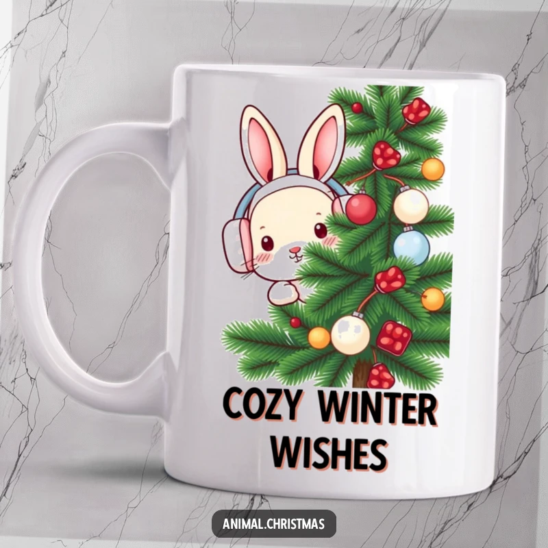 Funny rabbit mug with earmuffs peeking adorably from behind a decorated pine tree, perfect for winter cheer.