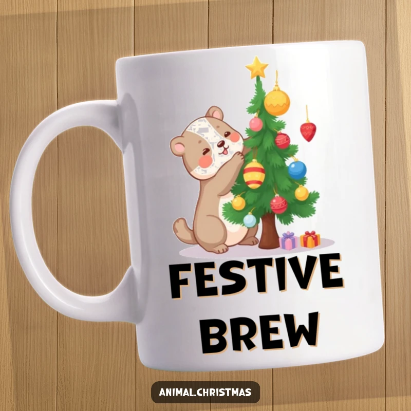 Funny mug showcasing a delighted animal joyfully decorating a miniature pine tree with colorful ornaments, embodying holiday creativity.