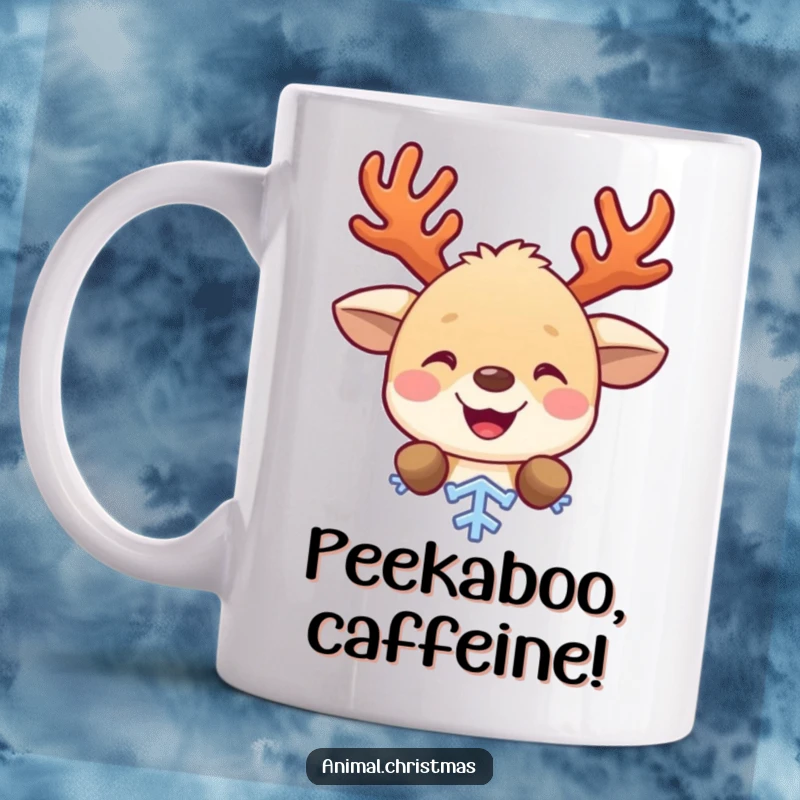 Funny mug featuring a cute animal with antlers, gleefully peeking from behind a large snowflake, evoking holiday joy and mischief.
