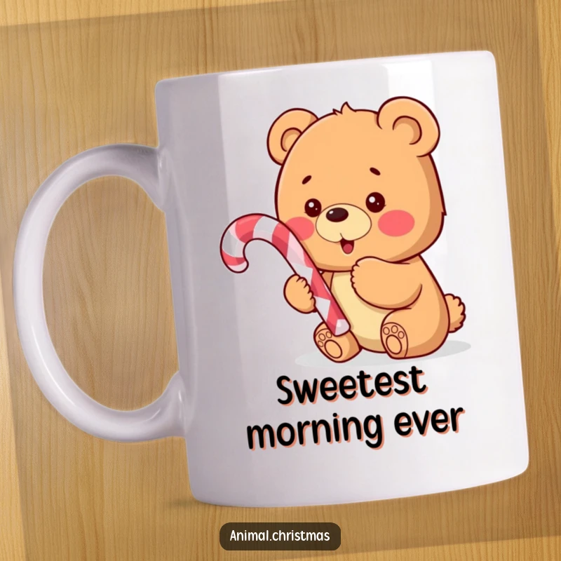 Funny mug with a cute bear cub excitedly holding a large candy cane, conveying pure holiday anticipation and joy.
