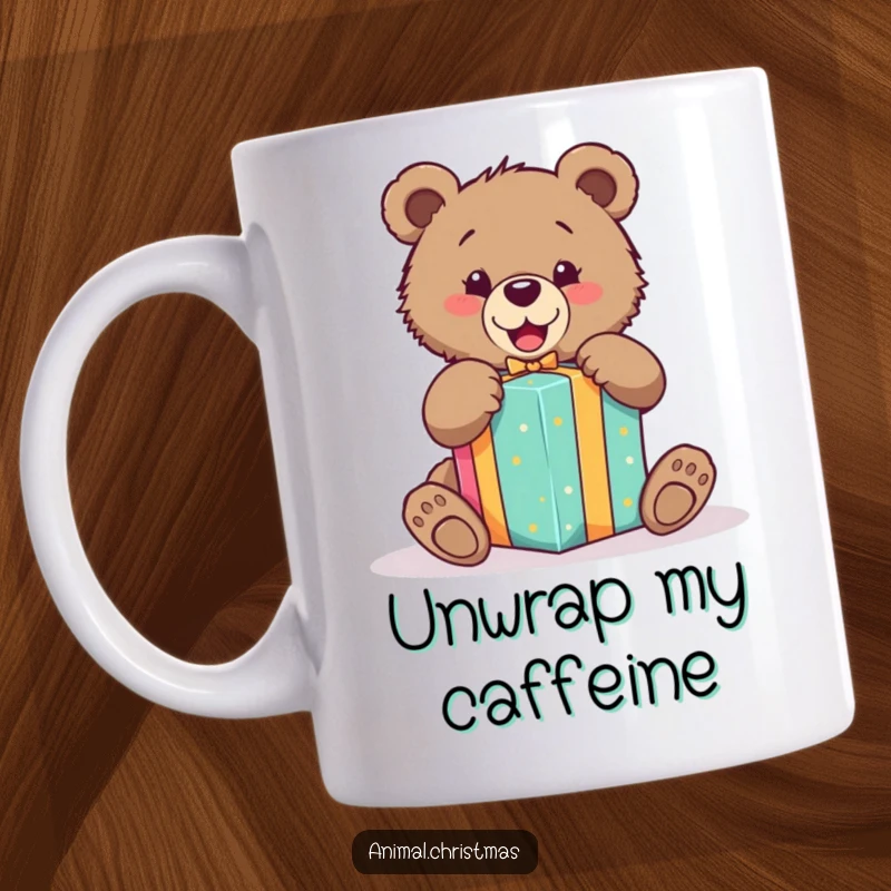 Funny mug depicting an adorable bear cub ecstatically unwrapping a brightly colored gift, embodying pure excitement and joy.