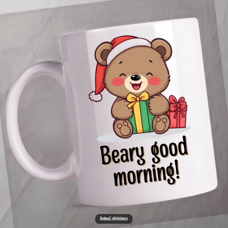 Funny mug showing a happy bear wearing a Santa hat, eagerly unwrapping a Christmas gift with delight and holiday cheer.