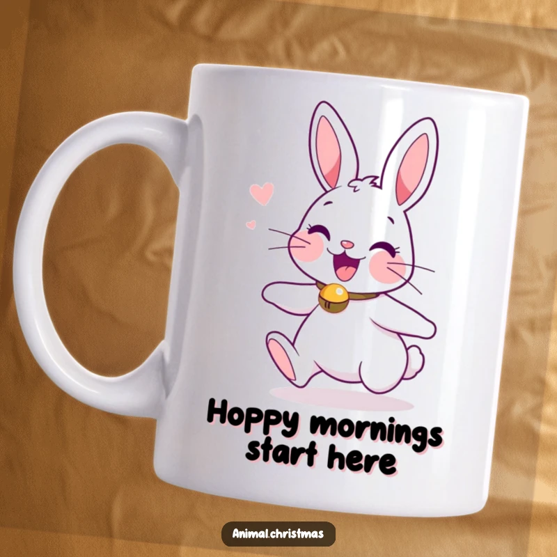 Funny mug showcasing an excited bunny wearing a jingle bell collar, captured mid-bounce with holiday cheer.