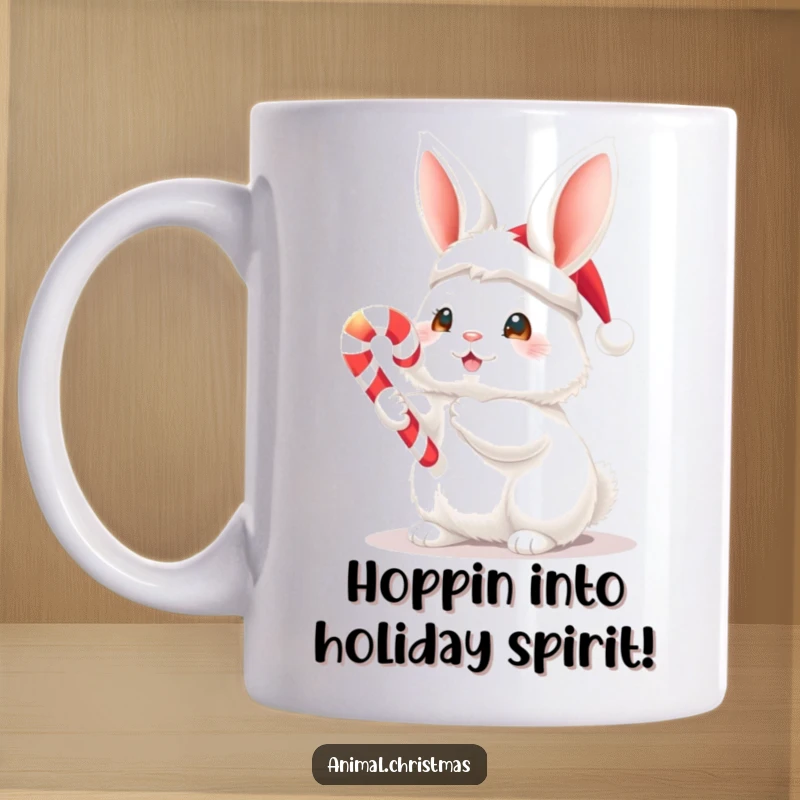 Funny Christmas mug with a fluffy white bunny in a Santa hat holding a glowing candy cane, spreading holiday cheer.