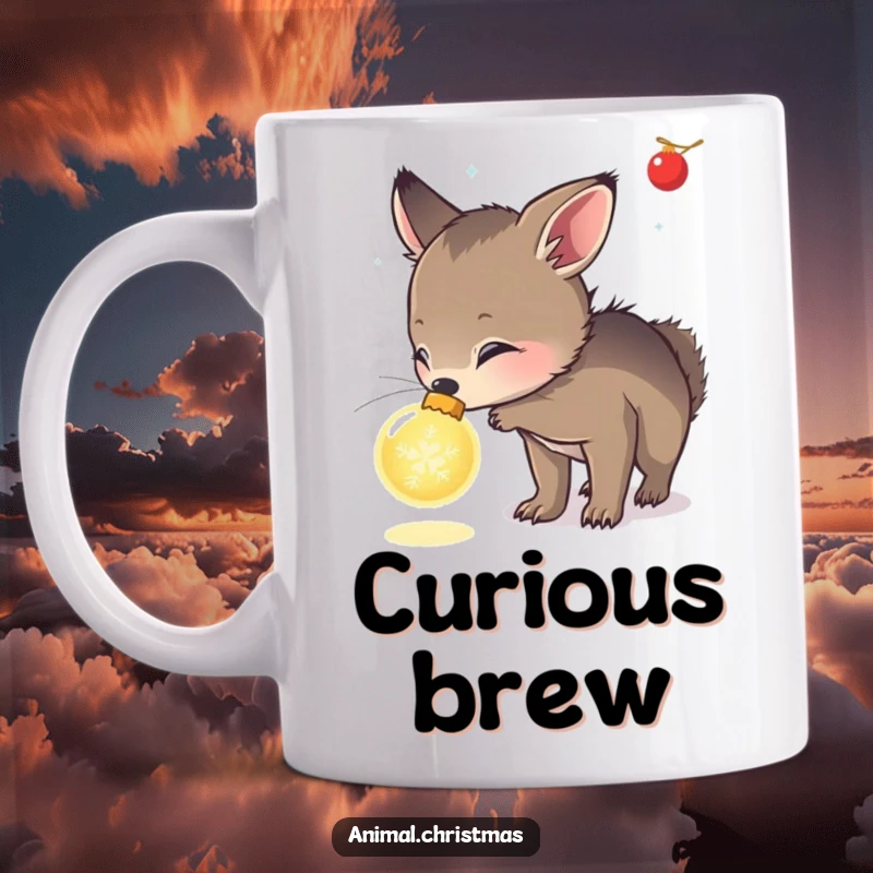 Funny mug showing a cute animal curiously sniffing a brightly glowing Christmas ornament, evoking holiday wonder and fascination.