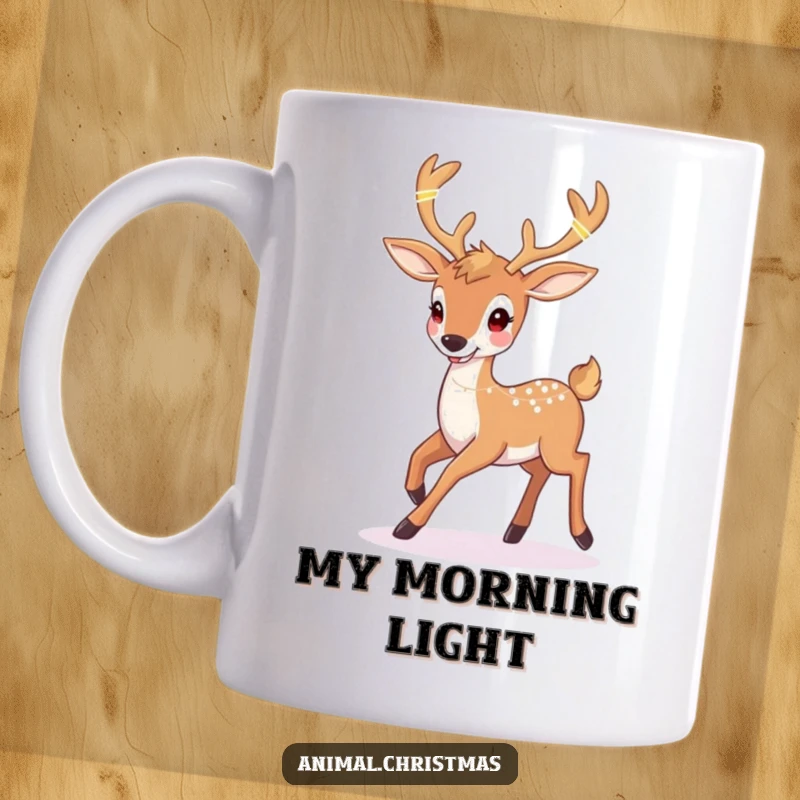 Funny deer Christmas mug with a happy deer prancing with twinkling lights woven into its antlers, radiating holiday magic.