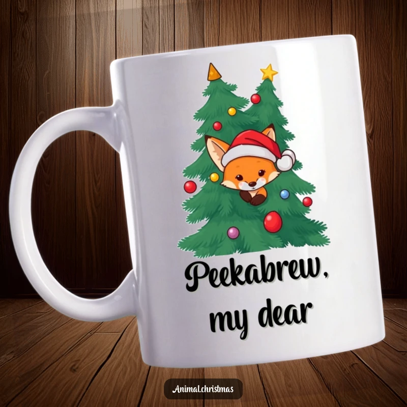 Funny Fox Santa Hat Mug: A sneaky fox wearing a Santa hat peeking from behind a Christmas tree, full of holiday curiosity.
