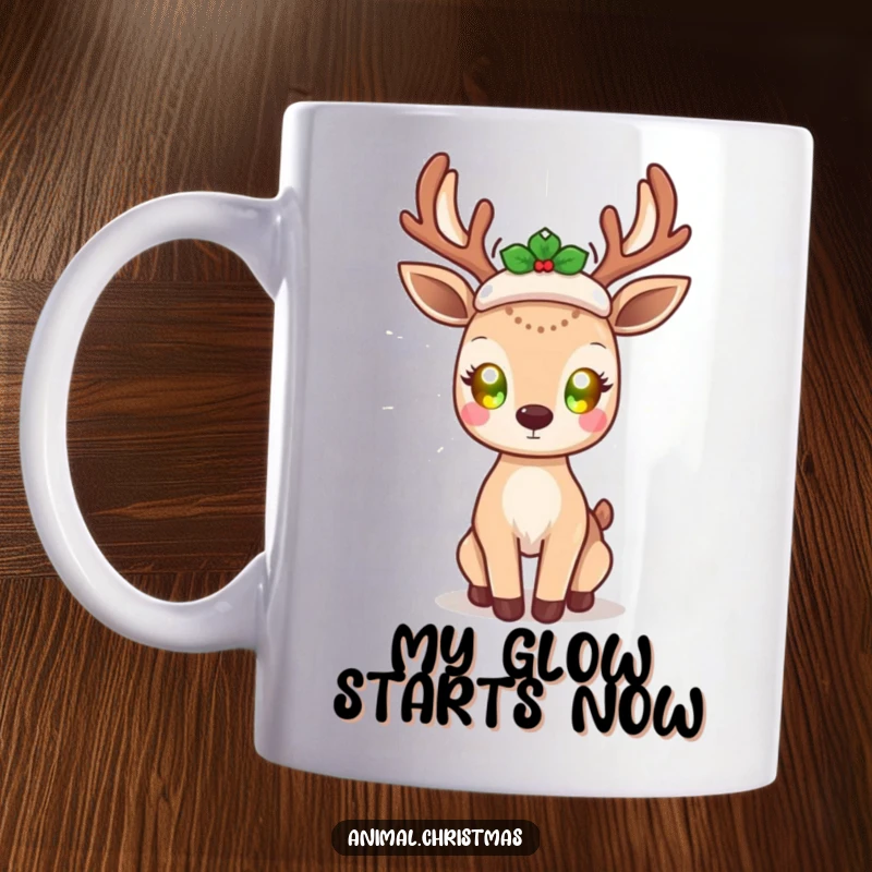 Funny kawaii deer mug, with glowing eyes, radiating holiday cheer, cute magical creature, festive and joyful design.
