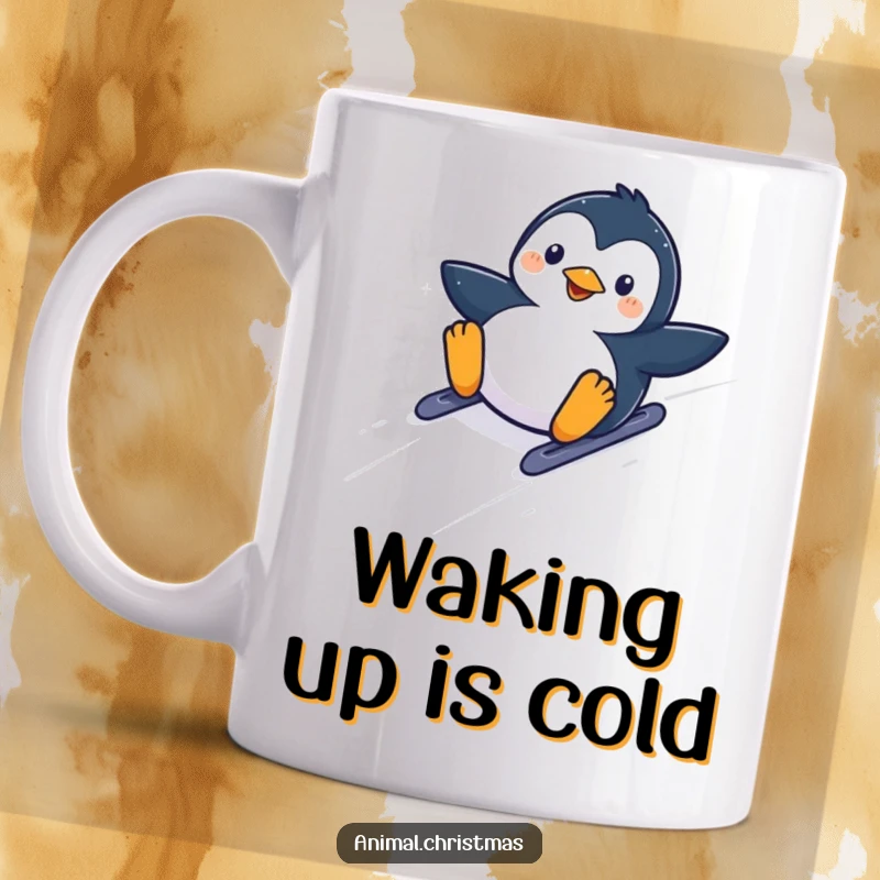 Funny kawaii penguin sliding down a snowy hill with glee, perfect for a winter mug.