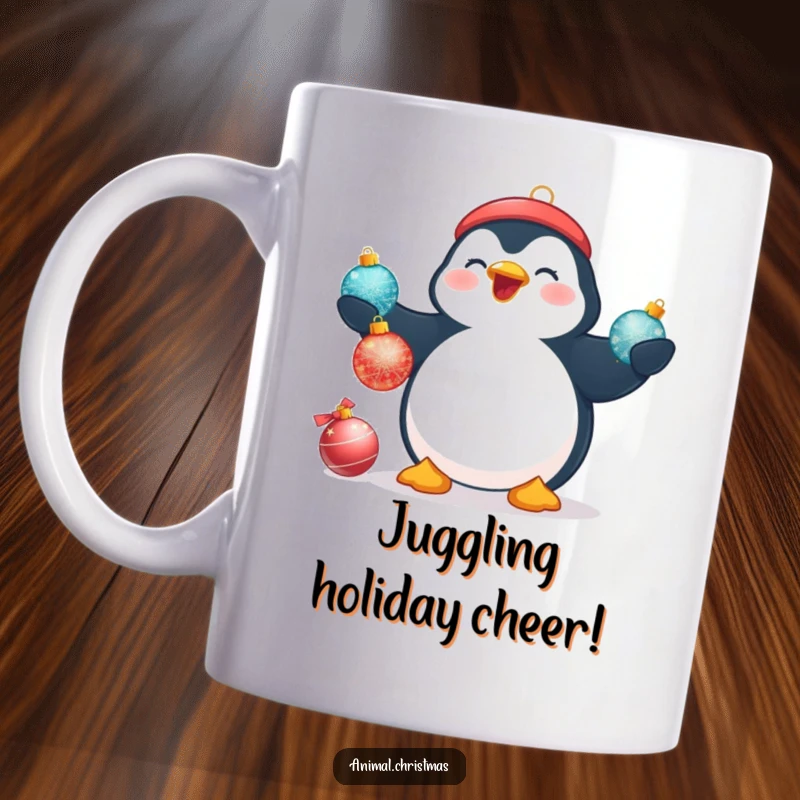 Funny Christmas mug featuring a plump penguin beaming while attempting to juggle three shimmering Christmas baubles.