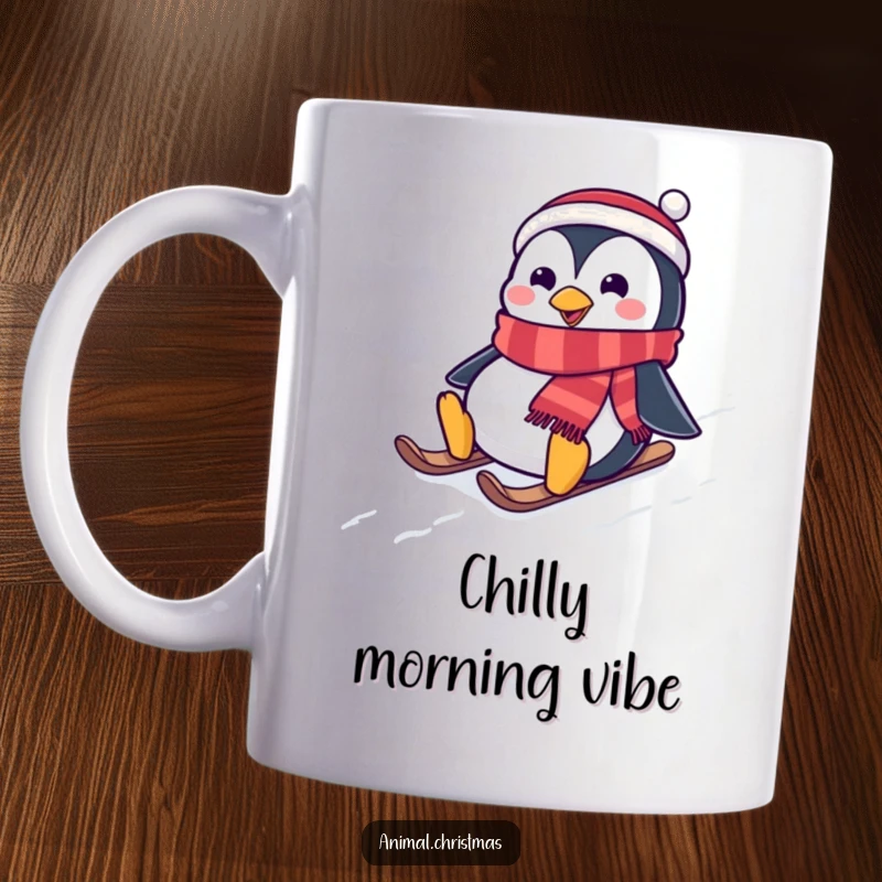 Funny mug showing a happy penguin wearing a festive scarf, joyfully sliding down a snowy hill with a smile.