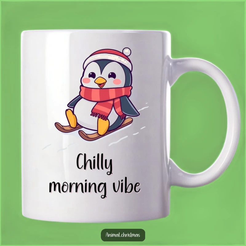 Funny Penguin Sliding Mug: Snowy Hill Fun, Festive Scarf Design, Perfect Holiday Gift