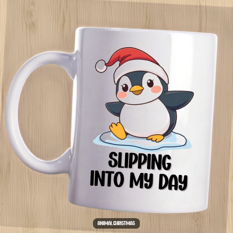 Funny Penguin Slip Mug, a cartoon penguin wearing a Santa hat is slipping comically on ice, perfect for winter humor and holiday fun.