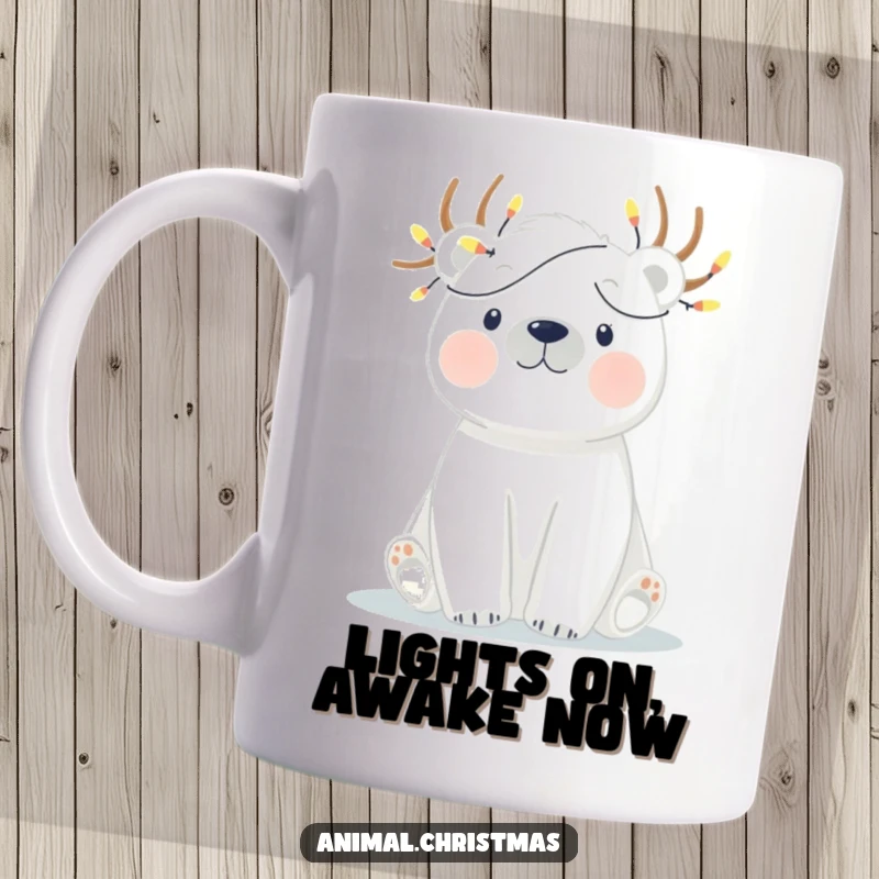 Funny mug featuring a polar bear with twinkling Christmas lights tangled around its antlers, embodying festive humor.
