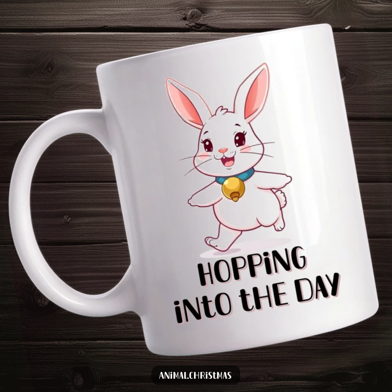 Funny rabbit mug featuring a cute bunny with a jingle bell collar, hopping merrily, bringing playful energy.