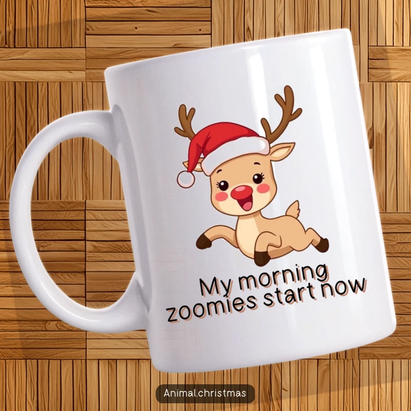 Funny mug featuring a joyful reindeer wearing a Santa hat, leaping with excitement during Christmas, a humorous holiday design.