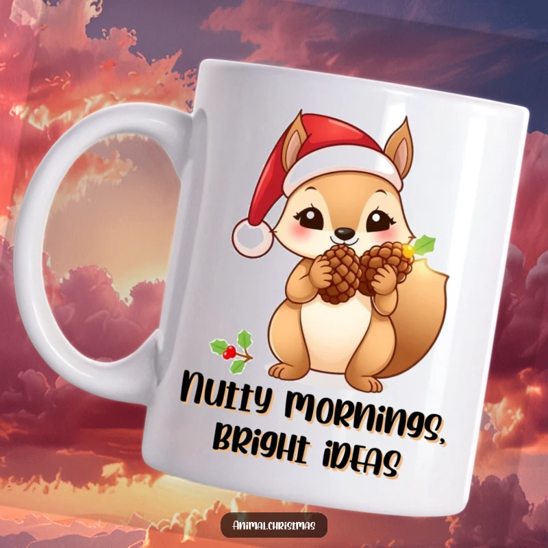 Funny squirrel mug wearing a Santa hat, holding a glowing pinecone, bringing festive cheer and humor.