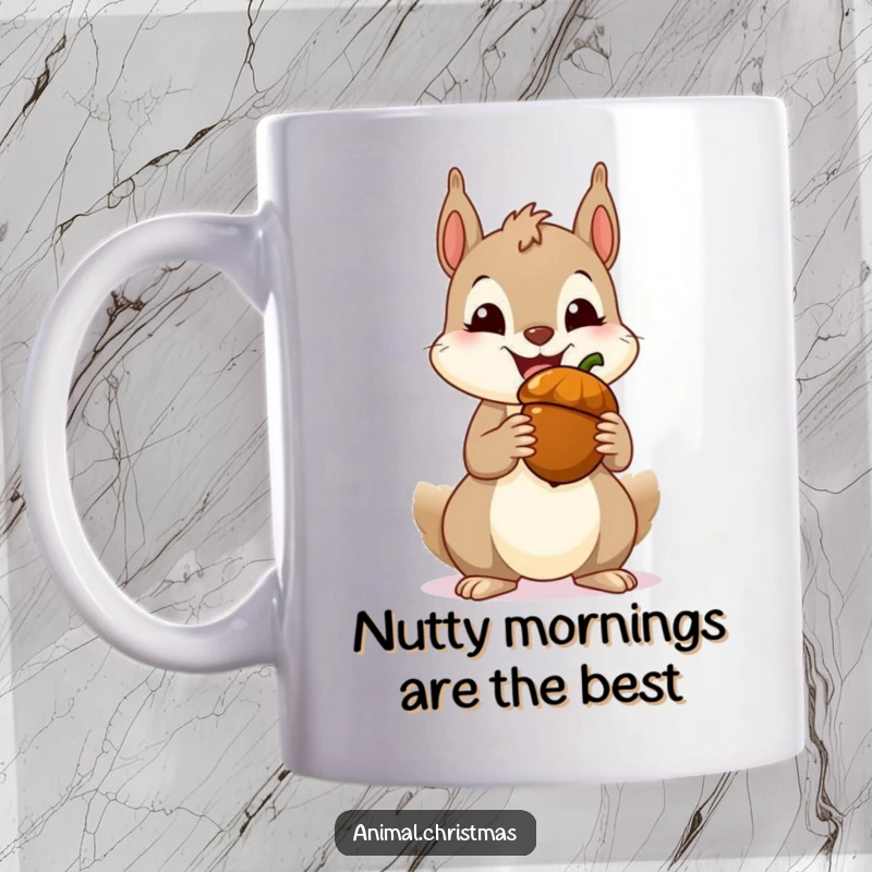 Funny squirrel mug with a wide grin holding a festive acorn, celebrating holiday joy and nutty happiness.