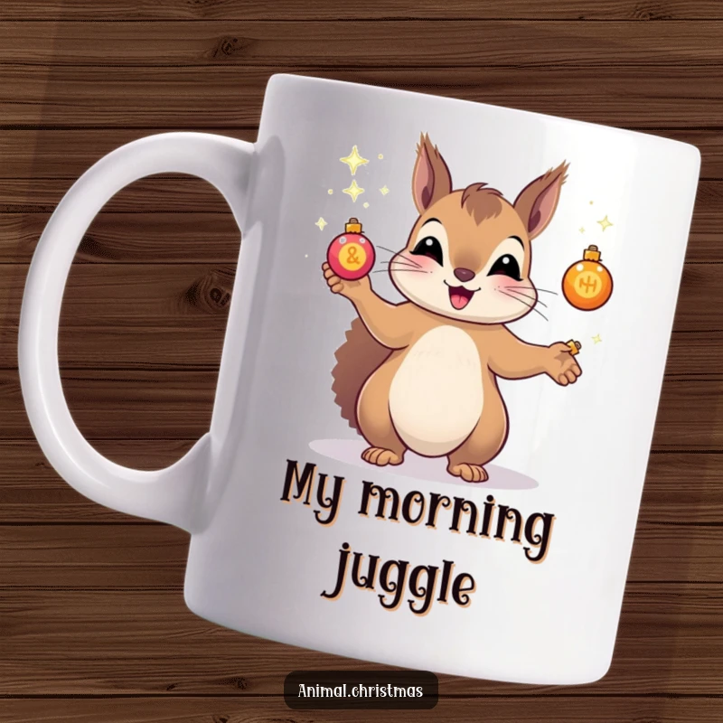 Funny mug showing a delighted squirrel expertly juggling several small, sparkling Christmas ornaments with great enthusiasm and skill.
