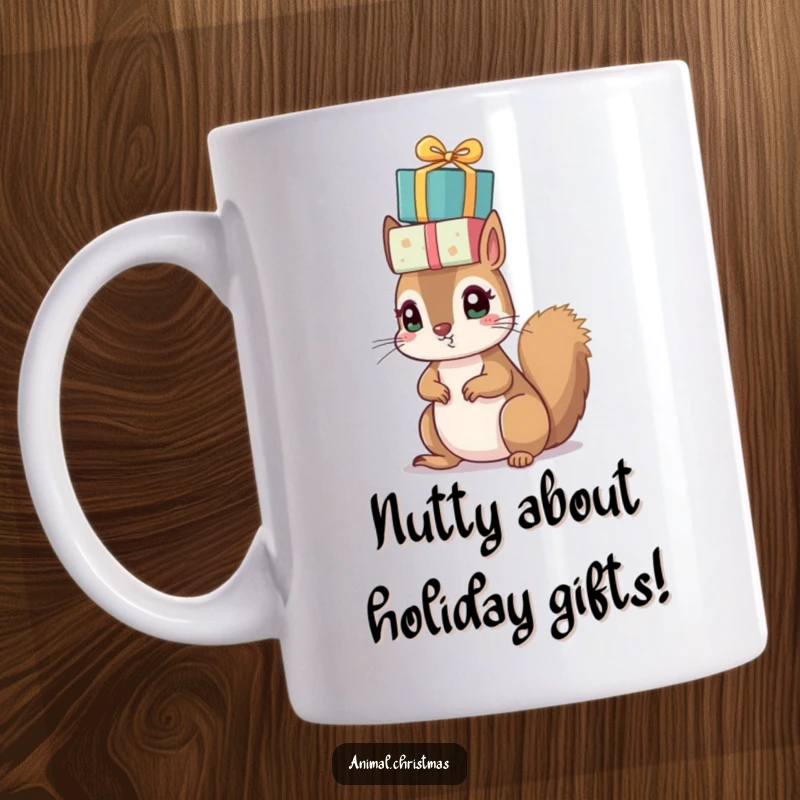 Funny Christmas mug featuring a small squirrel with bright eyes precariously balancing a pile of wrapped presents on its head.