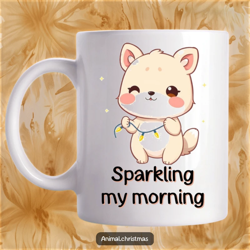 Funny Mug: A cheeky animal winks while playfully holding a string of twinkling holiday lights, adding mischief.