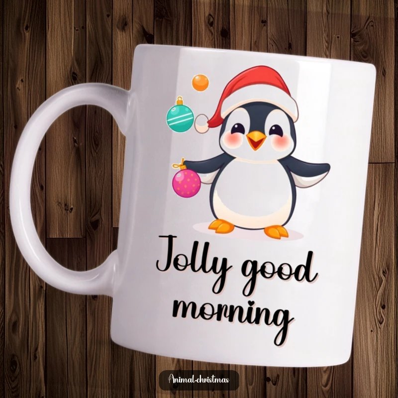 Funny mug featuring a penguin in a Santa hat happily juggling colorful Christmas ornaments, embodying holiday merriment.
