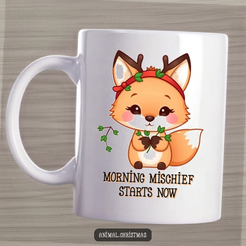 Funny kawaii fox wearing a reindeer headband, holding mistletoe, perfect for a holiday mug gift.