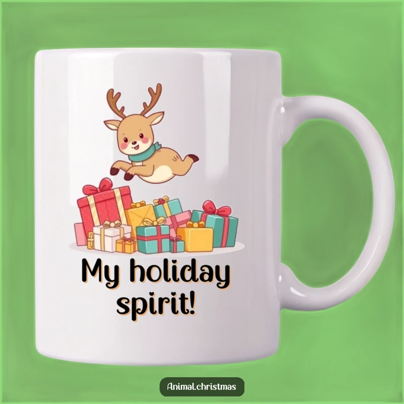 Funny Reindeer Leap Mug: Hilarious Christmas Gift Featuring a Joyful Leaping Reindeer Over Presents