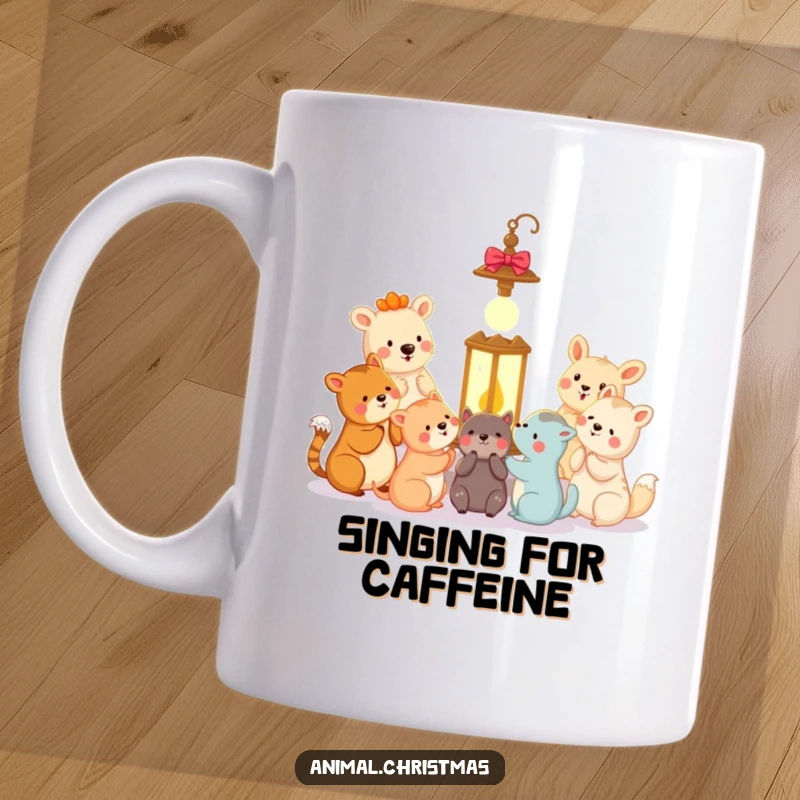 Funny animal carolers mug with happy creatures singing around a glowing lantern, celebrating festive music and togetherness.