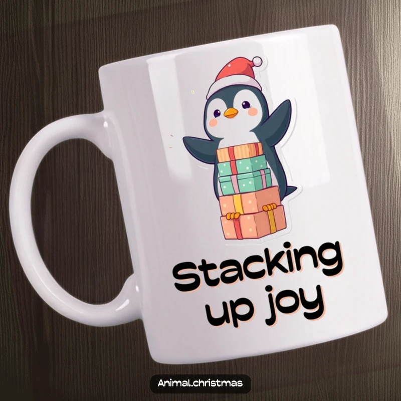 Funny kawaii penguin playfully balancing a tall stack of colorful gifts on a mug, perfect for holiday humor.