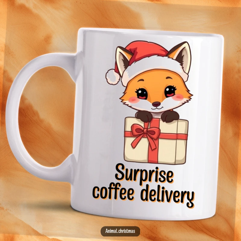 Funny mug featuring a fox wearing a tiny Santa hat, peeking mischievously from behind a Christmas present.