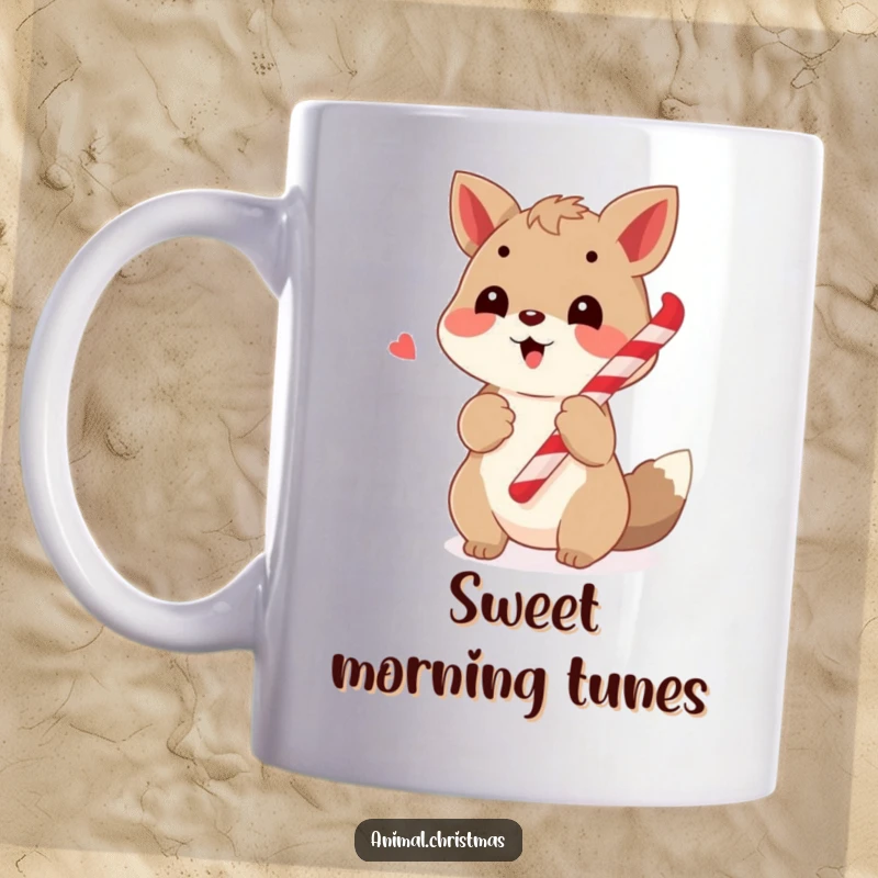Funny mug showing a cheerful animal happily singing carols with a candy cane held in its paw, bringing festive musical joy.