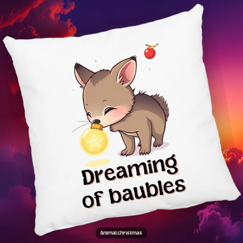 Funny decorative pillow with an animal curiously sniffing a glowing Christmas ornament, perfect for cozy holiday wonder.