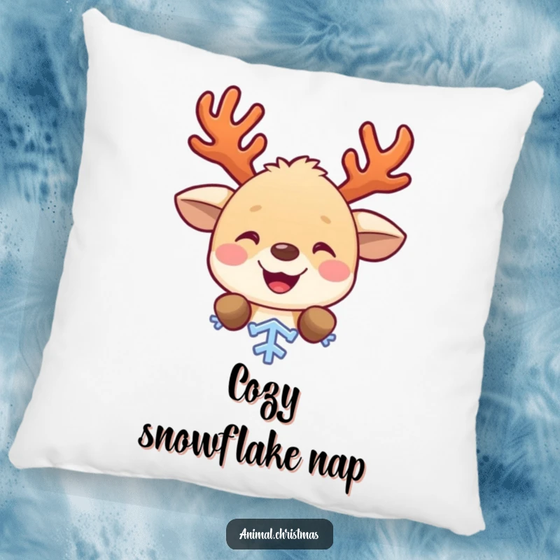 Funny decorative pillow with a cute animal wearing antlers, peeking from behind a snowflake, adding festive charm and cozy humor.